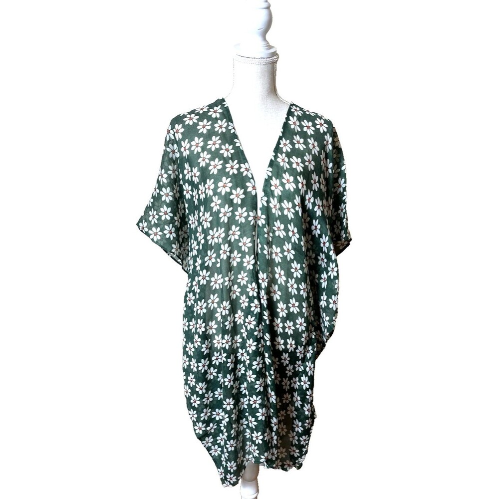 Raj Women's Green/White Floral Kimono Wrap Open Front Cover Up One Size